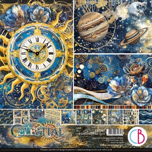Ensemble de papier pour scrapbooking Ciao Bella Celestial 30,5 x 30,5 cm, fournitures de loisirs créatifs Lune, univers, symboles cosmiques, étoiles, ensemble de papier de fond