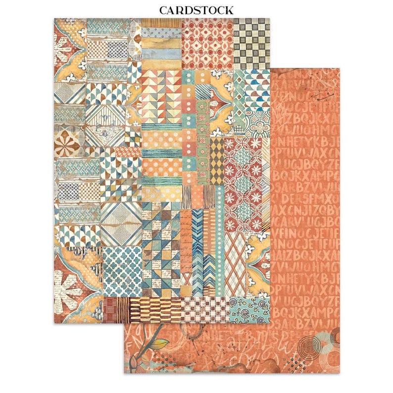 May include: Two sheets of patterned cardstock. The larger sheet features a patchwork design with geometric shapes in shades of orange, blue, and yellow. The smaller sheet has a printed text design in orange. The word "CARDSTOCK" is printed at the top.