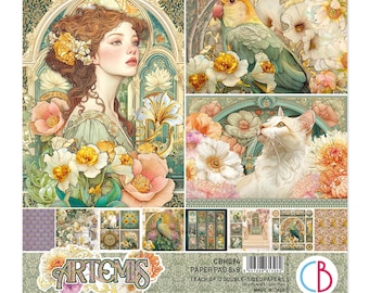 Ciao Bella Artemis 8" x 8" Scrapbooking Paper Set,Craft Supplies Art Deco Vintage Floral Books Cats Paper Set,Card Making Paper Set, Artemis