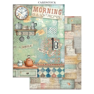 May include: Decorative cardstock with a vintage kitchen theme. The design includes a clock, a shelf with kitchenware, and the text "MORNING IS A SOFT PROMISE". The color palette features soft blues, greens, and oranges.