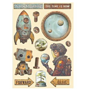May include: A collage of space-themed illustrations on a cream background. It features a rocket, robot, astronaut, planets, and text that reads "A new beginning", "The Time is Now", "Forward", and "Brave".