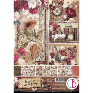 Ciao Bella Book Lovers A4 Scrapbooking Paper Set ,Craft Supplies Cats Library Books Art Tags Labels Fussy Cut Paper Floral