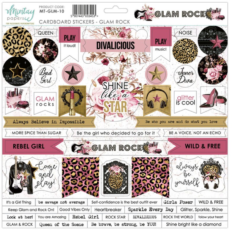 Mintay Glam Rock 12 x 12 Cardstock Sticker,Rock Star,Glamerous,Fashion,Card Making,Craft Supplies,Collage,Scrapbooking,Sparkle image 1