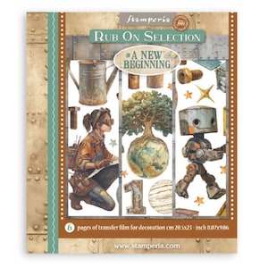 May include: A sheet of Stamperia rub-on transfer film with a steampunk theme. The design includes a woman with goggles, a robot, a tree on a globe, and the text "A New Beginning". The sheet measures 8.07 x 9.06 inches.