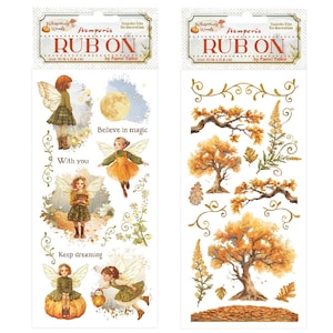 Op de afbeelding: Twee vellen "Rub On" transferfolie voor decoratie. Eén vel bevat illustraties van feeën, de maan en de tekst "Believe in magic", "With you" en "Keep dreaming". Het andere vel heeft illustraties van herfstbomen en bladeren.