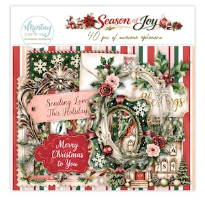 May include: A set of 40 pieces of Christmas-themed ephemera titled Season of Joy. The collection includes decorative frames, tags with text reading Sending Love This Holiday and Merry Christmas to You, floral accents, holly, and winter imagery.