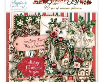 Mintay Paper Season Of Joy Ephemera 40pc ,Card Making, Craft Supplies, Die Cuts Paper Christmas Noel Family Cat  , Elements Pieces