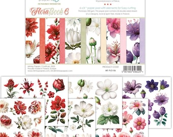 Peut inclure: Un bloc de papier de 15,2 x 20,3 cm avec 24 feuilles recto verso à motifs floraux. Le bloc de papier est sans acide ni lignine et fabriqué en Pologne. Le bloc de papier est intitulé "Flora Book 6" et présente une variété de motifs floraux en rouge, blanc et violet.