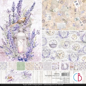 May include: A patterned paper pad with a lavender theme. The designs include lavender sprigs, butterflies, clocks, and vintage ephemera. The pad is labeled "Morning in Provence" and includes the text "Patterns Pad 12x12".