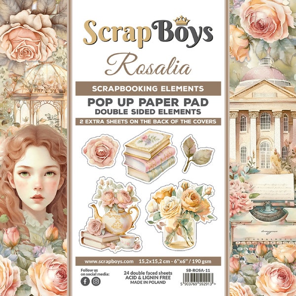 ScrapBoys Rosalia 6" x 6" Pop Up Paper Pad,Craft Supplies,Scrapbooking Elements Fussy Cutting Paper Pad Lady,Vintage, Floral, Embellishments