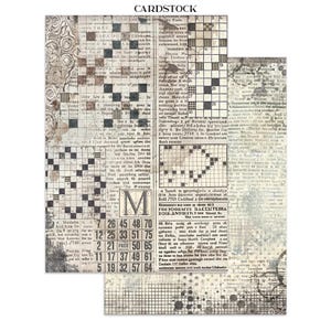 May include: Two sheets of cardstock with a vintage newspaper and crossword puzzle design. The paper has a distressed, aged appearance with faded text, crossword grids, and a muted color palette of beige, brown, and gray. The word "CARDSTOCK" is at the top.