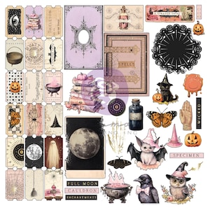 Éphémères magiques de Prima Marketing, rose vintage d'Halloween, fournitures de loisirs créatifs, fabrication de cartes, scrapbooking, embellissements éphémères chat citrouille