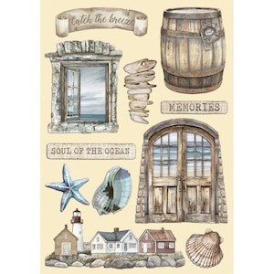 May include: A collage of seaside-themed illustrations. Includes a wooden barrel, a stone window with an open view, a stack of driftwood, a door, a starfish, a seashell, a lighthouse, and houses. Text includes "Catch the breeze", "Memories", and "Soul of the Ocean".