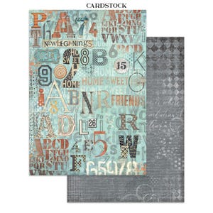 May include: Cardstock paper with a teal background featuring various letters, numbers, and words like "Home" and "Friends" in orange, brown, and white. The reverse side is gray with a diamond pattern and script.