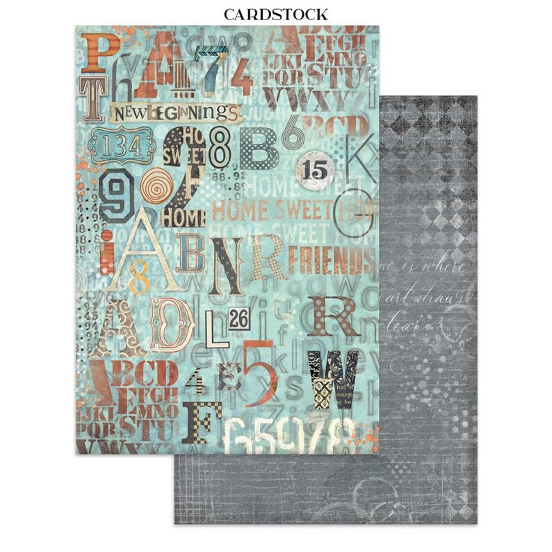 May include: Cardstock paper with a teal background featuring various letters, numbers, and words like "Home" and "Friends" in orange, brown, and white. The reverse side is gray with a diamond pattern and script.