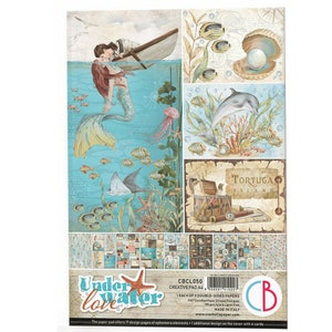 Ensemble de papiers A4 pour scrapbooking Underwater Love Ciao Bella Créatures marines, sirène, histoire d'amour, océan, thème, collage, fabrication de cartes, fournitures créatives