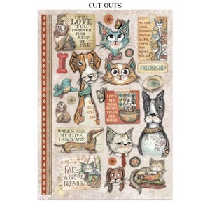 May include: A sheet of decorative cut-out stickers featuring various illustrated animals, including dogs, cats, and owls. The stickers have a vintage, hand-drawn style with phrases like "I will love you forever" and "Friendship".