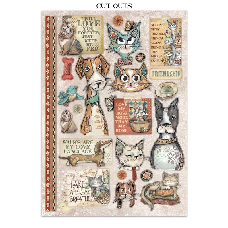 May include: A sheet of decorative cut-out stickers featuring various illustrated animals, including dogs, cats, and owls. The stickers have a vintage, hand-drawn style with phrases like "I will love you forever" and "Friendship".