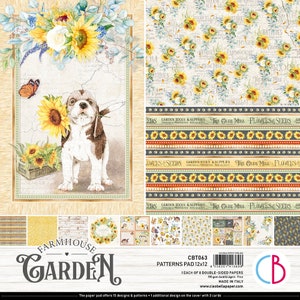 Ensemble de papiers pour scrapbooking Ciao Bella, motifs de jardin de ferme 30 x 30 cm, fournitures créatives, fleurs, chiots de jardin, collage, fabrication de cartes, papier de ferme