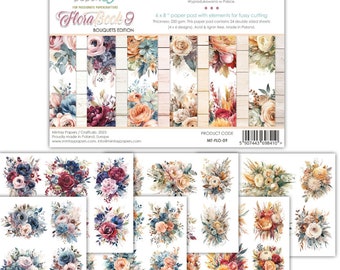 Peut inclure: Un bloc de papier avec 24 feuilles recto verso de motifs floraux. Le bloc de papier mesure 15,2 cm x 20,3 cm et présente une variété de bouquets dans des tons de bleu, rose, rouge et orange. Le papier est de 250 g/m², sans acide ni lignine, et fabriqué en Pologne. Le code produit est MT-FLO-09.