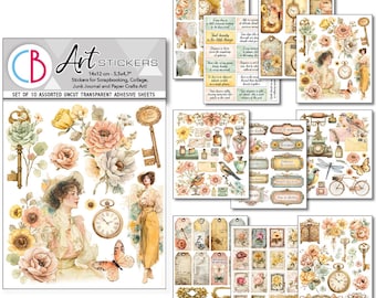 Ciao Bella Paper Reminder 10pc ,Craft Supplies,Art Stickers Uncut Transparent Adhesive Sticker Phrases Tags Vintage Floral Lady Sticker Set