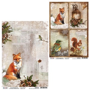 Ciao Bella Le son de l'hiver papier de riz A4,Papier de riz de Noël,Collage,Fabrication de cartes,Accessoires créatifs, Papier de découpage,Renard de Noël forestier