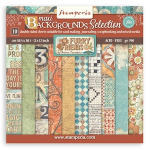 May include: A pack of 10 double-sided scrapbook paper sheets, 12 x 12 inches, featuring various patterns and designs. The "Furry Friends" collection includes floral, geometric, and text-based elements in a palette of orange, blue, and green. The brand name "Stamperia" is visible.