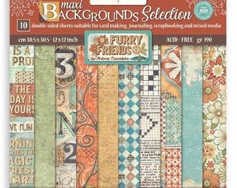 Stamperia Furry Friends 12" x 12" Maxi Backgrounds Selection Paper Pad,Craft Supplies,Card Making,Scrapbook Paper Pad, Decorative Patterns