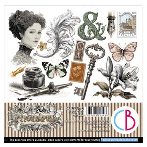 May include: A decorative paper pad featuring vintage illustrations such as a woman's portrait, butterflies, stamps, keys, and floral designs. The pad includes the word "TYPOGRAPHIC" in an ornate frame, with details about double-sided papers and fussy cut elements.