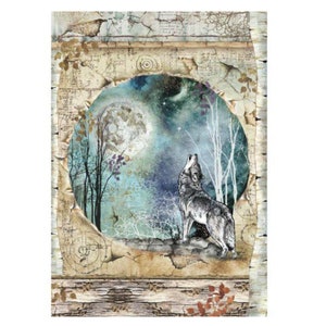 Stamperia Cosmos Rice Paper A4 Wolf and Moon,Collage,Card Making,Craft Supplies,Forest Rice Paper, Moon Decoupage Paper,Scrapbooking
