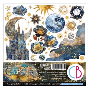 Bloc de coupe pointu Ciao Bella Celestial 6 x 6 po., fournitures de loisirs créatifs Lune, univers, symboles cosmiques, étoiles, constellations de planètes, papier à découper pointilleux