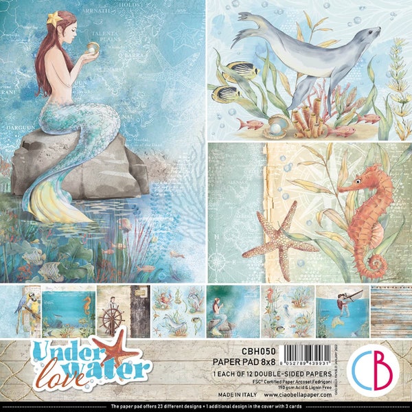 Ciao Bella  Underwater Love 8"x 8" Scrapbooking Paper Set, Sea Creatures,Mermaid,Romance, Ocean, Theme,Collage,Card Making,Craft Supplies