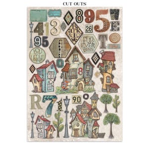 May include: A sheet of decorative cutouts featuring whimsical houses, numbers, and text elements. The houses are in various colors with detailed architectural designs. Numbers include "89", "95", and "26". Text includes "YOU ARE UNIQUE" and "FUR EVER FRIENDS".