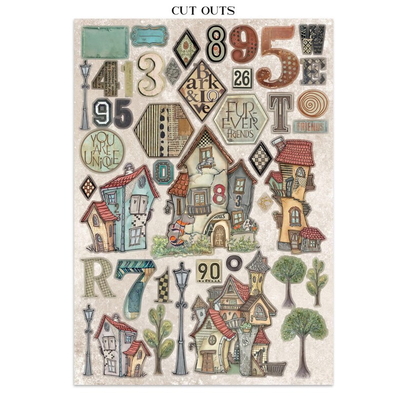 May include: A sheet of decorative cutouts featuring whimsical houses, numbers, and text elements. The houses are in various colors with detailed architectural designs. Numbers include "89", "95", and "26". Text includes "YOU ARE UNIQUE" and "FUR EVER FRIENDS".