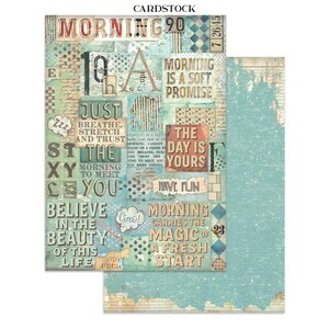May include: Cardstock paper with a collage design. The design features text like "Morning," "Just Breathe," and "Believe." The color palette includes teal, beige, and red, with a distressed, vintage aesthetic.