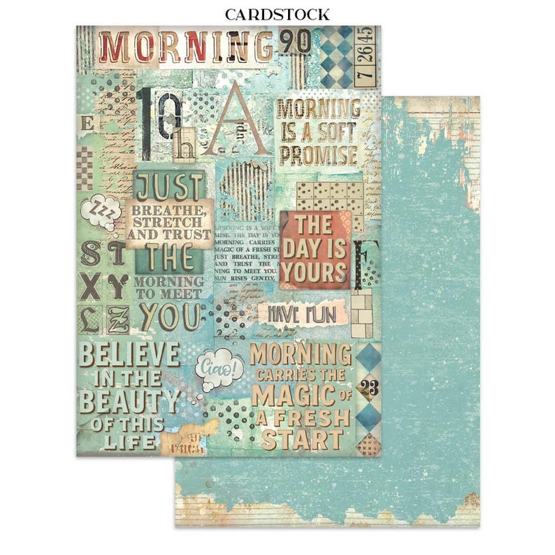 May include: Cardstock paper with a collage design. The design features text like "Morning," "Just Breathe," and "Believe." The color palette includes teal, beige, and red, with a distressed, vintage aesthetic.