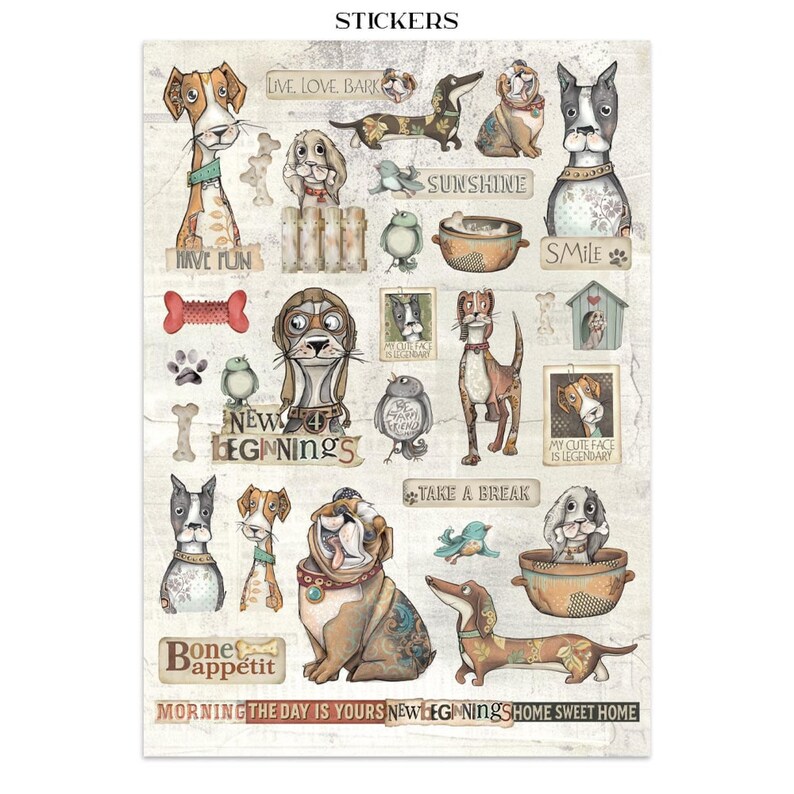 May include: A sheet of stickers featuring various dog illustrations in a vintage style. The stickers include phrases like "Live Love Bark," "Sunshine," and "New Beginnings." The color palette includes browns, tans, and blues.