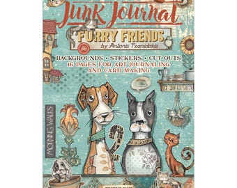 Stamperia Furry Friends Junk Journal Stickers Cut-outs Backgrounds,Craft Supplies,Card Making, Cats Dog Pets Floral Sticker Embellishments