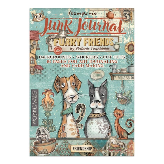 Stamperia Furry Friends Junk Journal Stickers Cut-outs Backgrounds,Craft Supplies,Card Making, Cats Dog Pets Floral Sticker Embellishments