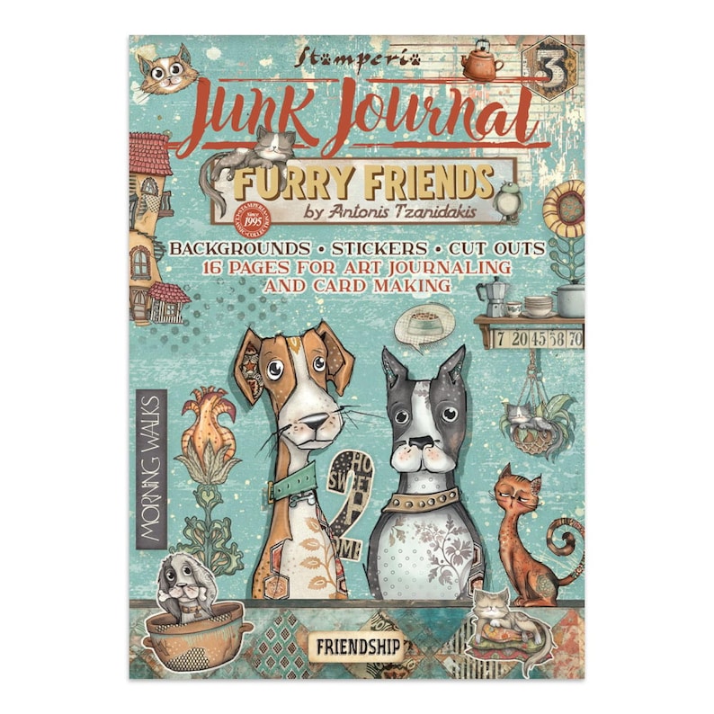 May include: A Junk Journal titled "Furry Friends" by Antonis Tzanidakis. The cover features illustrations of dogs, cats, and other decorative elements. The journal includes backgrounds, stickers, cut-outs, and 16 pages for art journaling and card making.