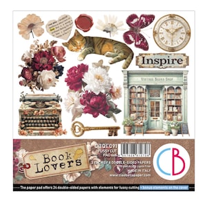 May include: A decorative paper pad with a vintage theme. The design includes a sleeping cat, flowers, a typewriter, a key, a clock, and the text "Inspire" and "Book Lovers". The pad offers 24 double-sided papers.
