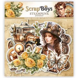 ScrapBoys Steampunk, ephemera, versieringen, plakboekpapier, knutselspullen, gestanste papierelementen vintage, steampunkkat, steampunkpapier