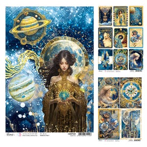 Ciao Bella Celestial A4 Papier de riz, Fournitures créatives Lune, Univers, Symboles cosmiques, Étoiles, Constellations de planètes Papier pour découpage Techniques mixtes