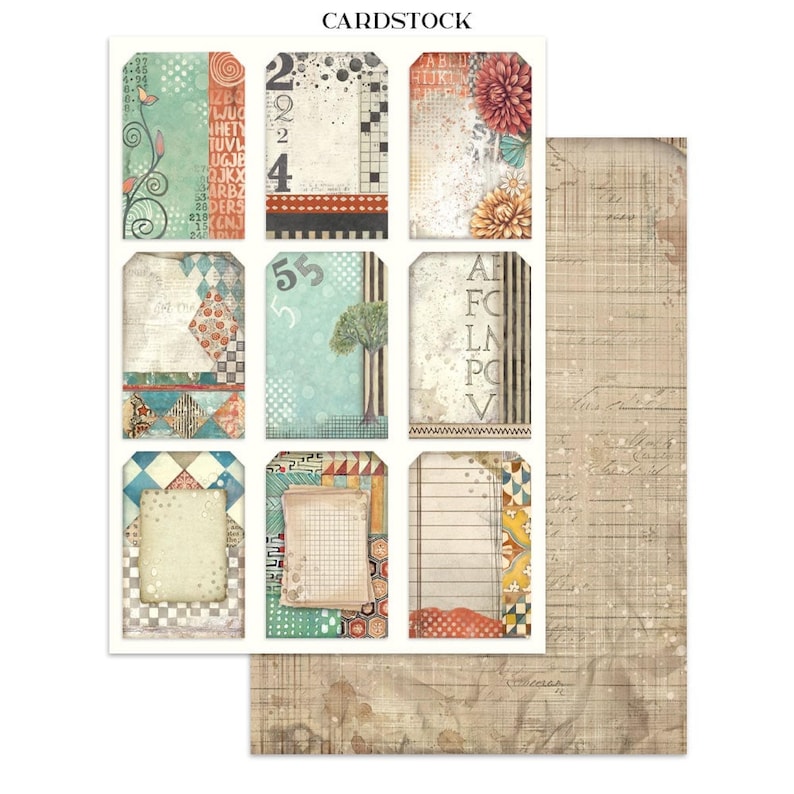 May include: A sheet of cardstock with various decorative tags. The tags feature a mix of patterns, including floral designs, numbers, and text. The color palette includes teal, orange, and brown tones, with a vintage aesthetic. The word "CARDSTOCK" is printed at the top.