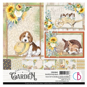 Ensemble de papier pour scrapbooking Ciao Bella Farmhouse Garden 20 x 20 cm Fournitures créatives Floral, chiots de jardin, collage, fabrication de cartes, bloc de papier de ferme, chien
