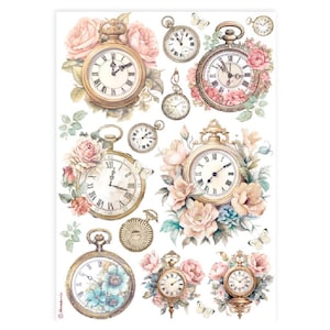 Stamperia A4 Reispapier Uhren, Bastelbedarf, Kartenherstellung, Scrapbooking, Decoupage Papier, Reisblumen Rosen Shabby Chic, Mixed Media Collage