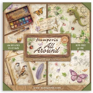 May include: A Stamperia All Around maxi pad featuring 22 single-faced sheets, 12 x 12 inches, 190 grams, acid-free. The cover displays a watercolor palette, a lizard, butterflies, birds, and floral motifs with the text Don't forget to dream.