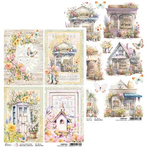 Ciao Bella Blumenladen A4 Reispapierläden, Bastelbedarf, Kartengestaltung, House Shop Floral, Lila Frühling Decoupage Papier Collage Papier Vögel