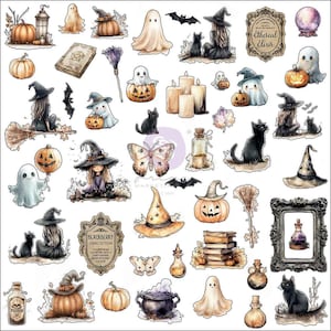Könnte beinhalten: Eine Sammlung von Aquarellillustrationen mit Halloween-Motiven. Enthält Kürbisse, Geister, Hexen, schwarze Katzen, Fledermäuse, Zaubertränke, Hexenhüte und einen Kessel. Die Farbpalette ist hauptsächlich orange, schwarz und cremefarben.