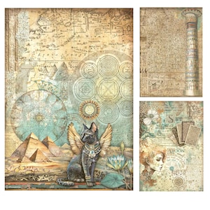 Stamperia Fortune A4 Papier de riz,Fournitures créatives,Fabrication de cartes,Scrapbooking,Papier à découper Papier de riz mystique, Egypte, Collage sur papier de riz avec chat